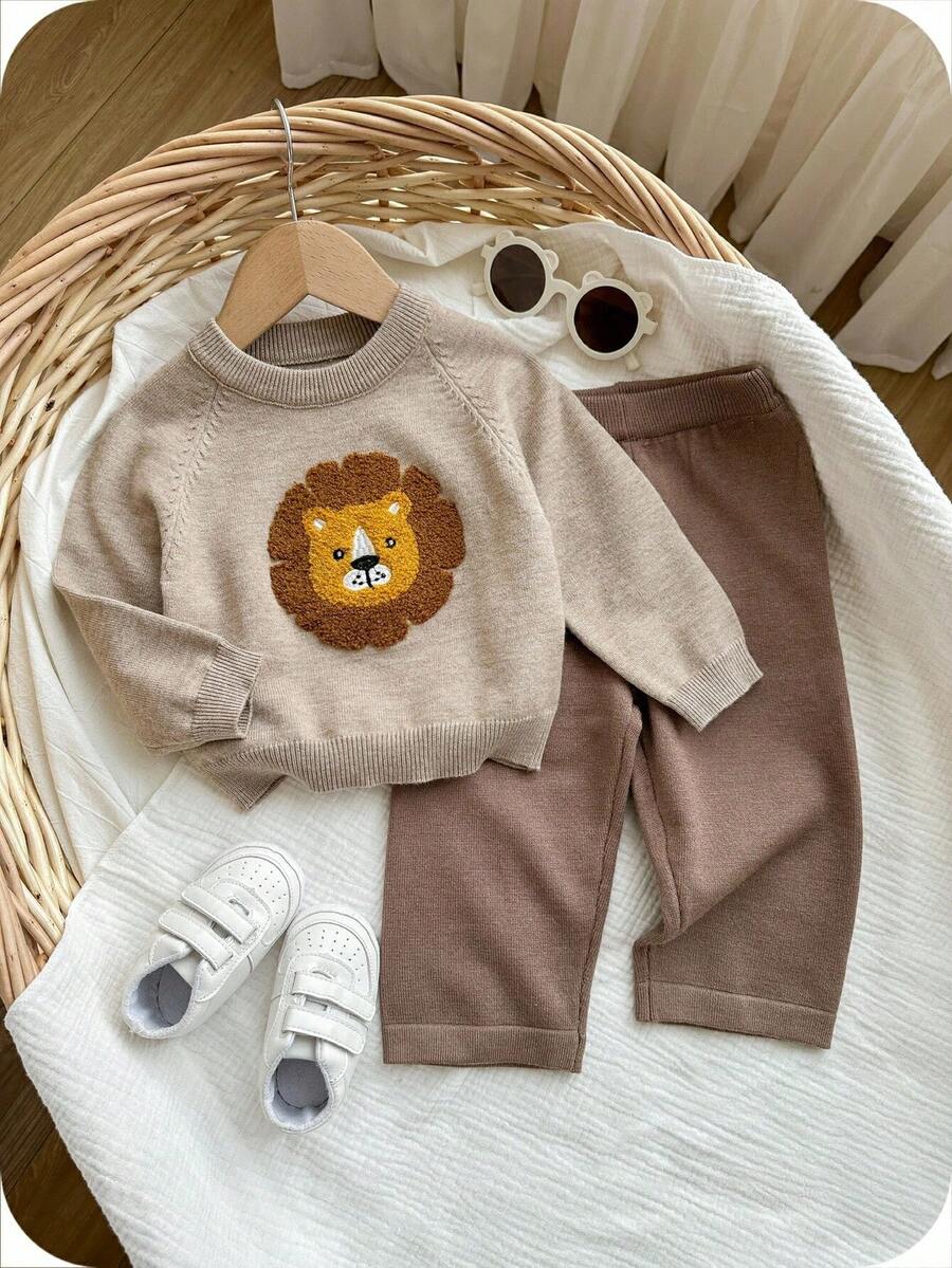 SHEIN 2pcs Baby Boy/Girl Cute Cartoon Lion Pattern Knitted Long Sleeve Sweater And Wide Leg Pants Set, Autumn/Winter Lion Baby Clothes Baby Boy Winter Sets Infant Boy Clothes Toddler 2 Piece Winter Clothing Neutral Baby Clothes Fall - Multicolor - View 1
