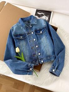 Comfortcana 女式前扣长袖口袋休闲牛仔夹克 - 中等水洗藍 - 查看 3