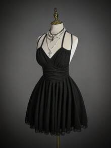 SHEIN ICON Vestido corto de mujer de unicolor con espalda descubierta, drapeado y volantes, con tirantes ajustables - Negro - Ver 4