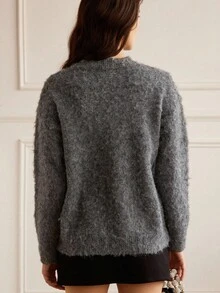 GENKIRA Women's Elegant Faux Pearl Decor Loose Fluffy Knit Pullover Sweater, Autumn/Winter - Dark Grey - View 6