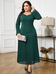 Modelyn Plus Size Women Solid Color Sweetheart Neck Long Sleeve Pleated Hem Elegant Dress - Green - View 5