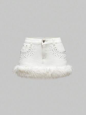 Grunge Punk Y2K Fuzzy Super Low-Rise Mini Denim Skirt For Women