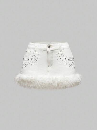 ROMWE Grunge Punk Spring/Summer Casual White Y2K Fuzzy Super Low-Rise Mini Denim Skirt For Women
