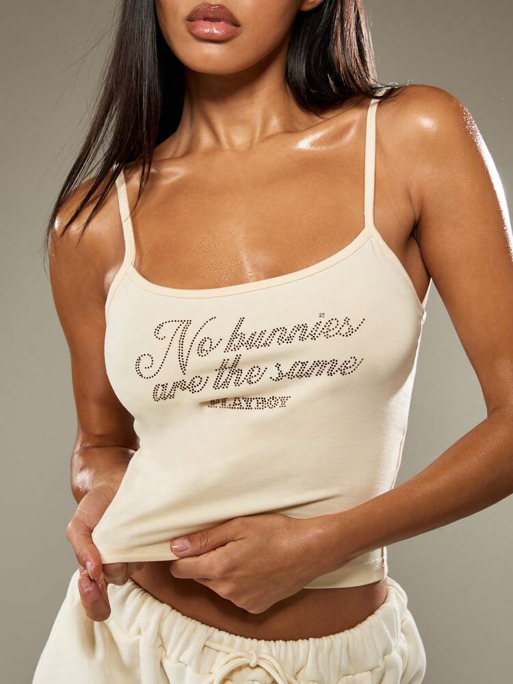 Missguided x Playboy Women's Tank Top Rhinestone Slogan Print Scoop Neck Sleeveless Summer Festival Cami Top