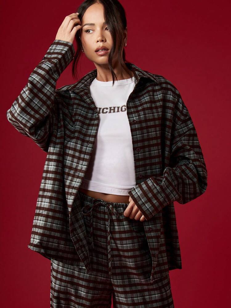 MISSGUIDED College Style Flannel Plaid Co-Ord Set Oversized Shirt With Drawstring Wide Leg Pants Fall Winter Loose Fit Two Piece Outfit With Michigan Text