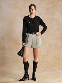 House of One Sailor Collar Button-Up Long Sleeves Black Sweater Top Women Autumn Winter Elegant Casual Wear