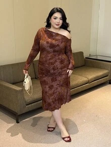 Flirla Plus Size Off Shoulder Long Sleeve Pleated Flocked Rose Elegant Split Bodycon Dress For Dates & Parties, Autumn/Winter Fall Cloth For Women