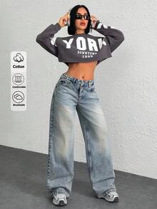 EURMUSE WOMEN LOOSE LOW WAIST WIDELEG MEDIUM BLUE WASH DENIM JEAN Y2K - Dark Wash - View 1