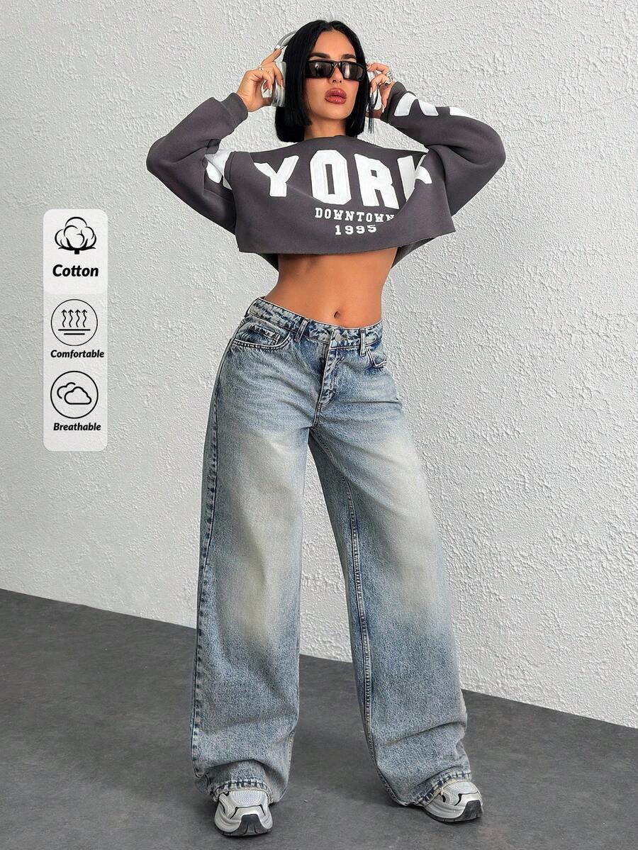 EURMUSE WOMEN LOOSE LOW WAIST WIDELEG MEDIUM BLUE WASH DENIM JEAN Y2K - Dark Wash - View 1