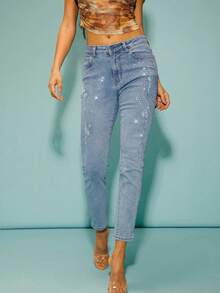 Denimoi Women's Spring/Summer Front Button Pocket Rhinestone Simple Denim Jeans, Casual Everyday Wear - Blue - View 1