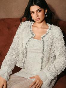 SHEIN Unity 优雅水钻流苏仿皮草蕾丝串珠拼接女式短款夹克 - 杏色 - 查看 8