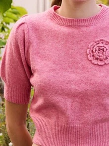 lacRébo Short Sleeve Pink Knit Top With 3D Crochet Flowers Spring Women Clothes Spring Summer Elegant Top Going Out Top - Pink - View 6