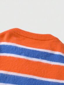 ROMWE MEN Prep 男士条纹长袖毛衣，宽松短款，秋冬 - 橘色 - 查看 6