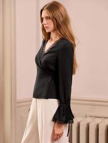 lacRébo Black Wrap Top With Lace Trim And Flared Tie Cuffs Spring Women Clothes Spring Summer Office Outfits - Black - View 4