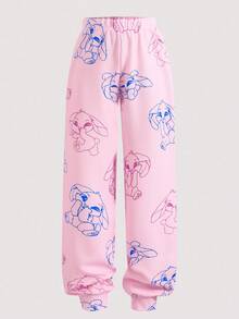 SHEIN 青少年女孩白色圆领宽松针织上衣，带有女孩图案，搭配紫红色喇叭裤，带有街头图案，两件套休闲装 - 白色 - 查看 7