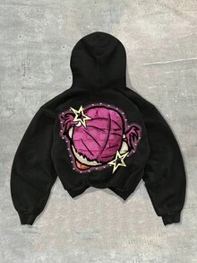 ROMWE MEN Street Life Sudadera con capucha de manga larga con estampado de rhinestones de moda para hombres, otoño - Negro - Ver 2