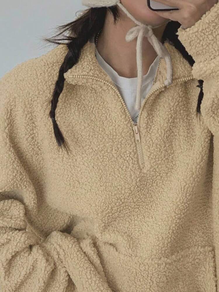 Women's Fashion Chic Stand Collar Fleece Pullover Sweatshirt With Half Zipper