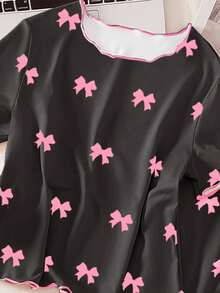 SHEIN 青少年女孩睡衣套装，黑色底色搭配粉色蝴蝶结印花，撞色饰边，短袖上衣和裤子，休闲家居服 - 黑色 - 查看 3