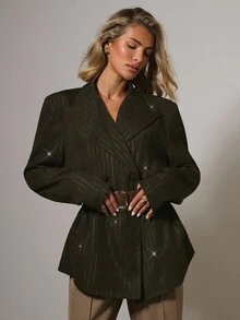 COSMINA 女士优雅束腰亮片条纹西装外套，秋冬 - 咖啡棕 - 查看 4