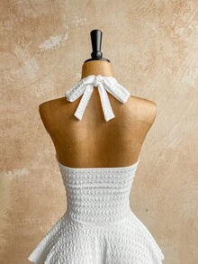 Soleia 性感 V 领交叉装饰镂空露背纹理面料多层不对称下摆迷你连衣裙，适合派对、圣诞节、约会、夜总会、海滩、游轮、下午茶、波西米亚风、波西米亚风、度假、秋季女装、复古 - 白色 - 查看 6