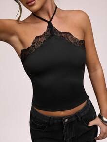 SHEIN BAE Áo ba lỗ ren chắp vá cổ yếm màu trơn dành cho nữ - màu đen - Xem 6