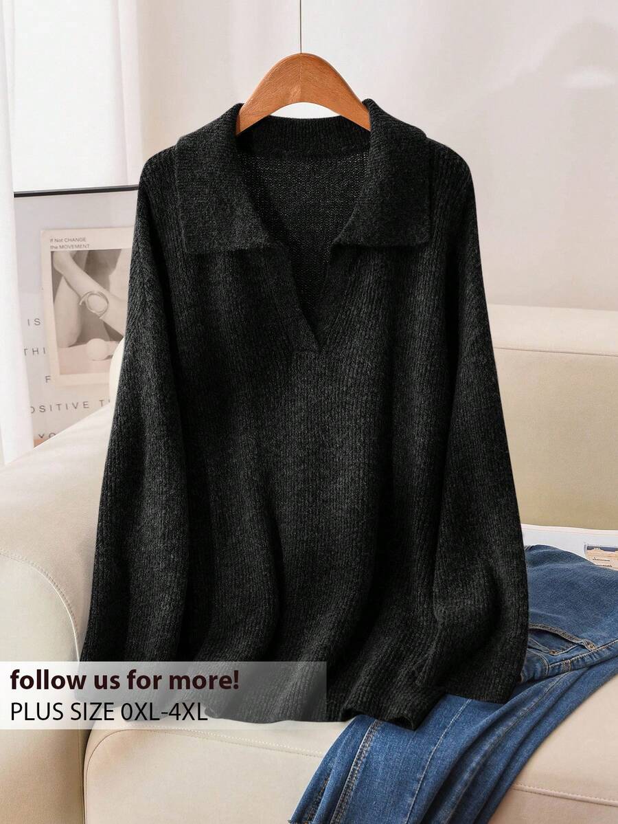 CosyJoli Plus Size Solid Color Casual Pullover Sweater, Autumn/Winter Fall - Black - View 1