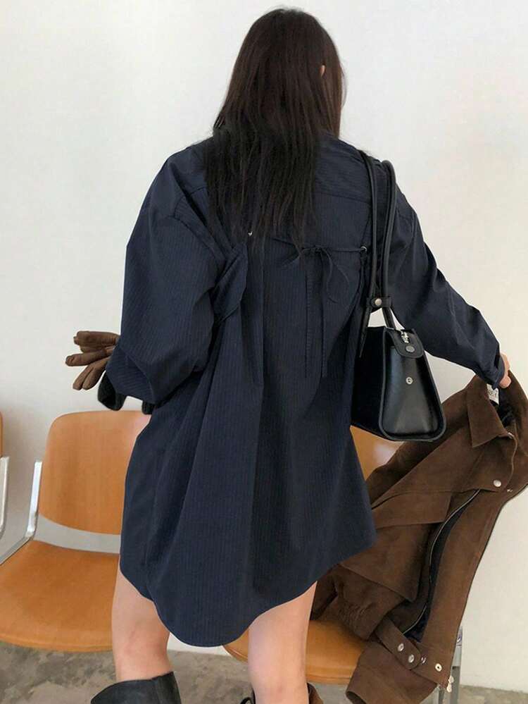 Women's Loose Long Striped Cropped Camisole 2 Pieces Set, Layered With Shirt, Navy Blue, Spring/Autumn Long Sleeve Top