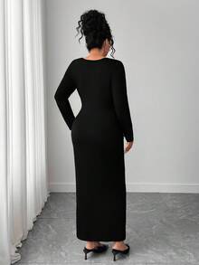 SHEIN PETITE CURVE 优雅都市长袖性感腰部收腰3D花卉大码女式连衣裙 - 黑色 - 查看 2