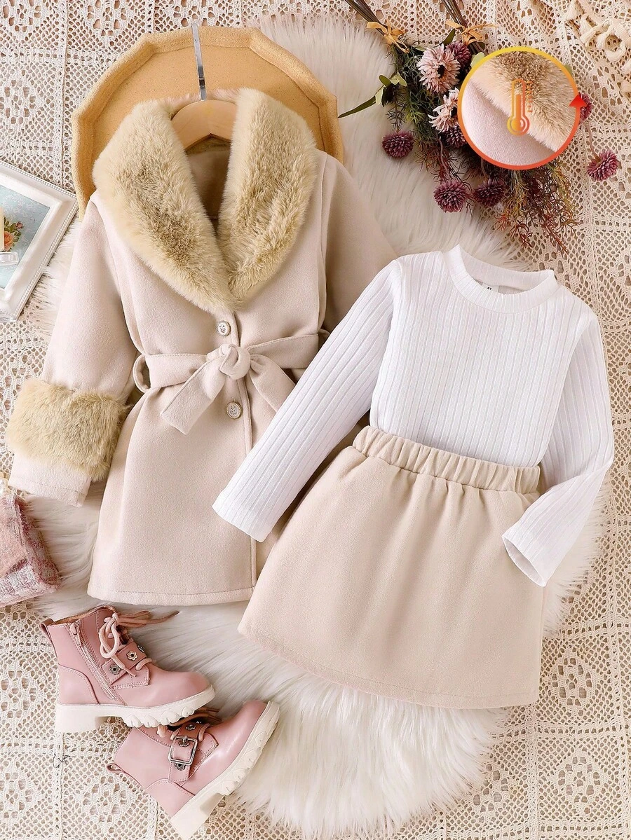 Genkimix Kids Girls (Small) Wool Blend Coat With Faux Fur Collar, Knit Stand Collar Top And Skirt 3 PiecesWinter Outfit, Elegant And Fashionable For Snowy Days Girls Winter Clothes Girls Skirt Set Faux Fur Collar Coat Toddler Girl Outfits Girls Fall Outfits - Apricot - View 1