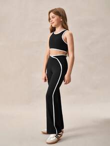 SHEIN Zestaw dla nastolatek, 3 części: sportowa kurtka z kontrastowymi paskami, top i spodnie dzwony, odpowiedni do biegania, jazdy na rowerze, fitnessu, koszykówki, piłki nożnej, tenisa i badmintona