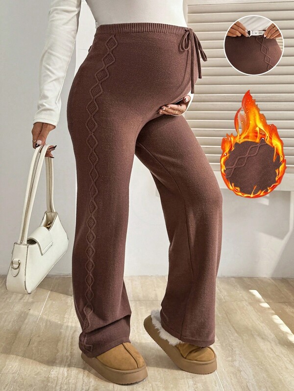 SHEIN Fall Autumn Pants, Maternity Autumn Pregnant Women's Solid Color Knot Embroidery Warm Knit Pants, Autumn/Winter Pregnancy Pants Maternity Pants Maternity Winter Pants