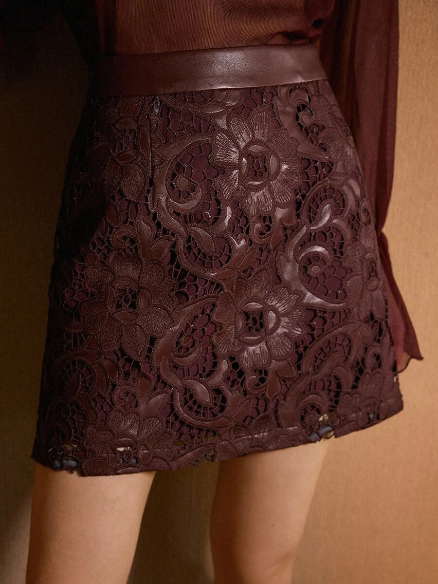 MOTF PREMIUM PU LEATHER EMBROIDERY LASER CUT SKIRT FOR AUTUMN & WINTER - Coffee Brown - View 1