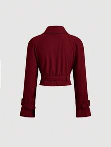 SHEIN MOD 女式卡其色短款休闲宽松夹克（配腰带）、秋季外套、秋季大衣、秋装、邮轮女装、返校装 - 酒紅色 - 查看 2