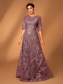 Serin Elegant Luxurious Gray Lace V-Neck Sheer Short Sleeve A-Line Dress With Embroidered Rhinestone Beads, Suitable For Weddings, Parties, Vacations, Galas, Evening Events, Mother Of The Bride Dress, Valentine's Day - Dusty Pink - View 3