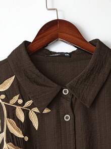 Modelyn Plus Size Plant Embroidery Shirt And Pants 2 Pieces Set - Coffee Brown - View 4