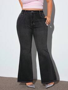 SHEIN ICON Plus Size Women Embroidered High Waist Skinny Flare Jeans With Pockets Y2k Jeans - Blue - View 4