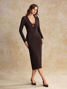 House of One Textured Knit Plunging Knot-Front Midi Dress Women Autumn Elegant Casual Wear