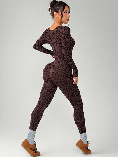 Easithlete Women's Seamless Brown Leopard Print Long-Sleeved U-Neck Jumpsuit, One-Piece Fitness Jumpsuit With Waist, Fitness Jumpsuit, Women's Sportswear Jumpsuit Active Wear Jumpsuit