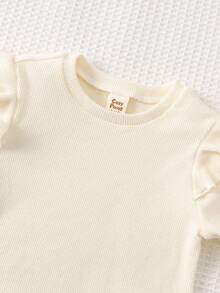 Cozy Pixies 2 件套女婴纯色针织柔软圆领荷叶边长袖上衣和松紧腰喇叭裤套装