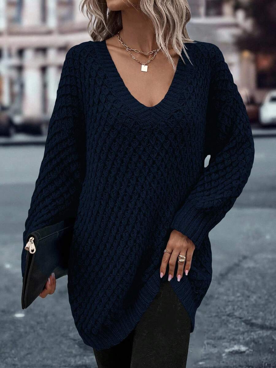 EMERY ROSE Casual Solid Color V-Neck Oversized Sweater, Autumn/Winter - Navy Blue - View 1