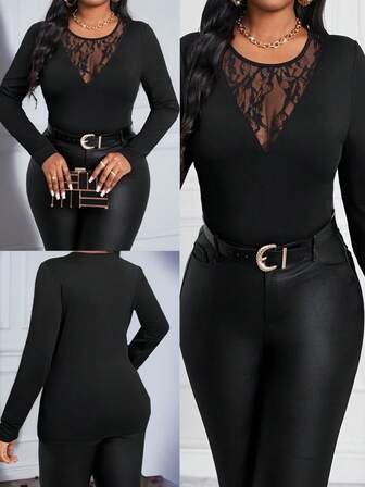 SHEIN Lady Spring, Summer, Autumn And Winter Elegant Black Knitted Round Neck Long Sleeve Contrast Lace Splicing Plus Size T-Shirt, Halloween  Dresses For Women Elegant Wedding Guest Dress Women  Fall Clothes For Women Casual Halloween Autumn Fall Clothes For Women Winter Fall Outfits For Women  Halloween Costumes Christmas Women's Clothing