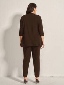 Comfylo Traje de oficina de 2 piezas de unicolor para mujer de talla grande, con blazer de 3/4 de manga y pantalones. Traje casual de negocios de talla grande en color marrón para mujer, conjunto de traje marrón de talla grande para uso en la oficina, traje de pantalón de talla grande para mujer en otoño/invierno