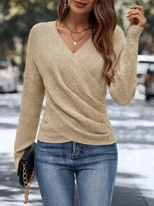 EMERY ROSE 女士时尚休闲 V 领长袖裹身毛衣，露肩毛衣 - 卡其色 - 查看 6