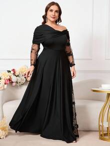 Reflora Đầm xòe cổ lệch màu trơn thanh lịch cỡ lớn dành cho nữ - màu đen - Xem 9