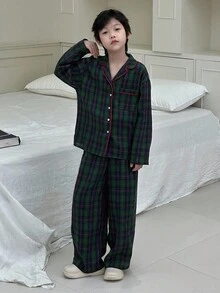 DAZY 青少年男孩格子翻领长袖单排扣上衣和裤子睡衣套装秋冬 - 墨綠色 - 查看 4