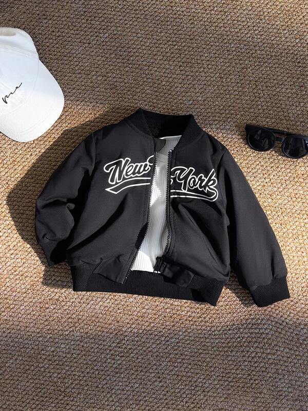 SHEIN 1 pieza Chaqueta ligera de manga larga con cuello de béisbol, estampado de letras blancas, de tela tejida negra, informal, para niños pequeños, adecuada para volver al colegio, salidas diarias y actividades de ocio