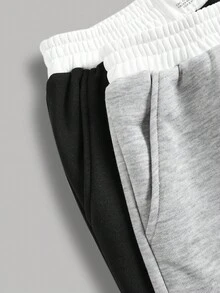 SHEIN Girlism 2 件套青少年女孩纯色黑色、白色、灰色休闲针织运动裤，配有撞色腰带，宽松慢跑裤