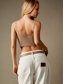 MISSGUIDED Structured Corset Tank Top With Silver Button Details Sweetheart Neckline Crop - Khaki - View 2