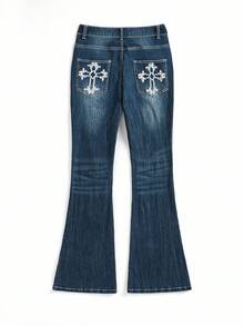 Shutterstock Y2Kool Women's Casual Washed Slim Fit Flare Jeans Matching Idea Stylish Clothing Collection New Year Outfits Gyaru Cotton - Blue - View 2