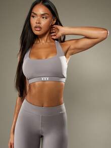Missguided x Playboy Áo ngực thể thao lưng chéo hỗ trợ trung bình thấm hút mồ hôi tập luyện thể thao chạy bộ yoga kiểu dáng áo ba lỗ tập luyện hiệu suất tập luyện thể dục bó sát tập luyện tại phòng tập thể dục - Màu xám đen - Xem 3